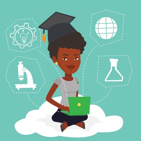 An african graduate sitting on cloud with laptop. Graduate using cloud computing technologies. Concept of educational technology and cloud computing. Vector flat design illustration. Square layout.のイラスト素材