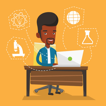 Student sitting at the table and working on laptop. Student working on laptop connected with icons of school sciences. Concept of educational technology. Vector flat design illustration. Square layoutのイラスト素材