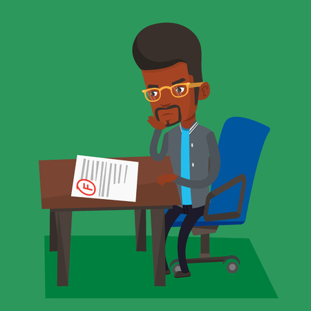 Sad student looking at test paper with bad mark. An african-american student disappointed test with F grade. Student dissatisfied with the test results. Vector flat design illustration. Square layout.のイラスト素材