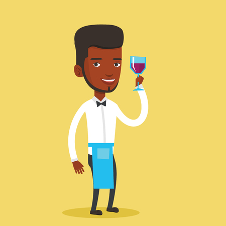 Bartender holding a glass of wine in hand. Bartender at work. Waitress looking at glass of red wine. African-american bartender examining wine in glass. Vector flat design illustration. Square layout.のイラスト素材