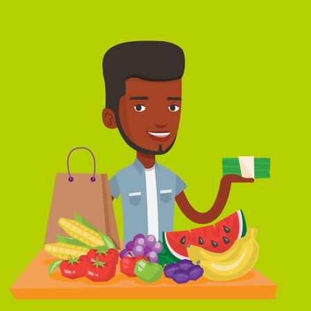 An african-american shopper standing at the table with grocery purchases. Young shopper holding money in hand in front of table with grocery purchases. Vector flat design illustration. Square layout.のイラスト素材