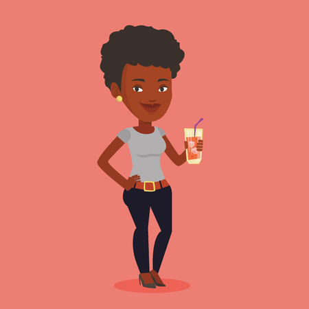 An african-american woman holding cocktail glass with drinking straw. Joyful woman drinking a cocktail. Young happy woman celebrating with a cocktail. Vector flat design illustration. Square layout.のイラスト素材