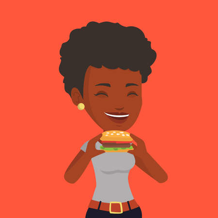 African-american joyful woman eating hamburger. Happy woman with eyes closed biting hamburger. Young smiling woman is about to eat delicious hamburger. Vector flat design illustration. Square layout.のイラスト素材