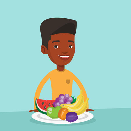 Young man standing in front of table woth fresh fruits. Smiling man with plate full of fruits. An african-american man eating fresh healthy fruits. Vector flat design illustration. Square layout.のイラスト素材