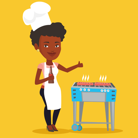 Woman with bottle in hand cooking steak on gas barbecue grill and giving thumb up. African-american woman cooking steak on the barbecue grill outdoors. Vector flat design illustration. Square layout.のイラスト素材