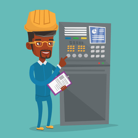 African-american man working on control panel. Worker pressing button at control panel. Engineer with clipboard standing in front of the control panel. Vector flat design illustration. Square layout.のイラスト素材