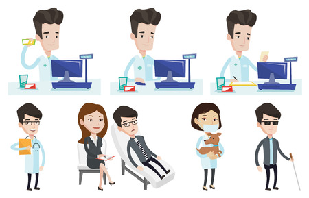 Caucasian pharmacist standing at the counter in the pharmacy. Pharmacist showing some medicine. Pharmacist holding a box of pills. Set of vector flat design illustrations isolated on white background.のイラスト素材