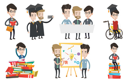 Cheerful graduates in cloaks and graduation caps making selfie. Excited graduates taking photo with cellphone. Graduation concept. Set of vector flat design illustrations isolated on white background.のイラスト素材