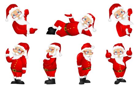 Set of Santa Claus in glasses and red costume pointing finger up. Cheerful Santa Claus showing thumbs up. Smiling Santa Claus pointing at billboard. Vector illustration isolated on white background.のイラスト素材