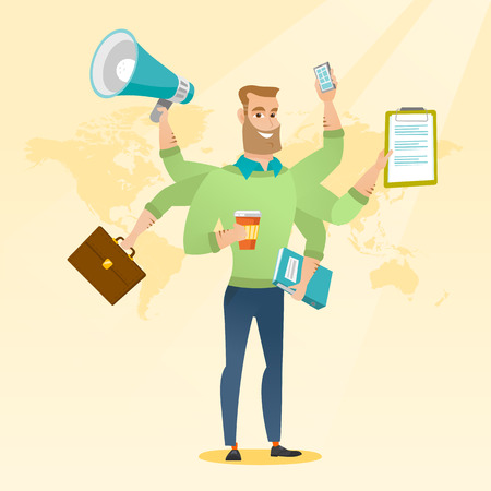 Caucasian man with many legs and hands coping with multitasking. Businessman doing multiple tasks. Multitasking business person. Multitasking concept. Vector flat design illustration. Square layout.のイラスト素材
