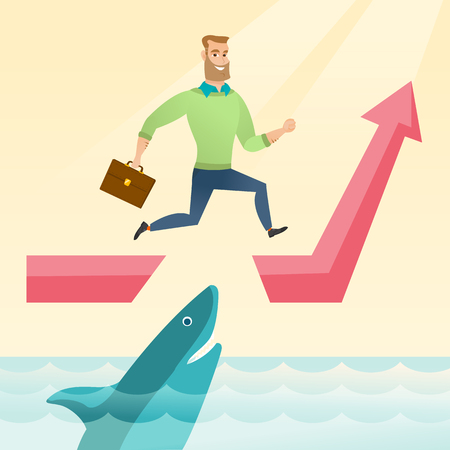 Risky businessman running on growth graph and jumping over gap. Businessman jumping over ocean with shark. Business growth and business risks concept. Vector flat design illustration. Square layout.のイラスト素材