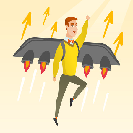 Businessman flying on business start up rocket. Man working on new startup project. Businessman flying with a jet backpack. Business start up concept. Vector flat design illustration. Square layout.のイラスト素材