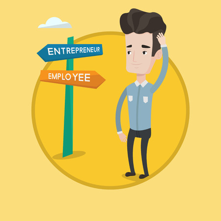 Man standing at road sign with two career pathways - entrepreneur and employee. Man choosing career pathway. Career choice concept. Vector flat design illustration in the circle isolated on backgroundのイラスト素材