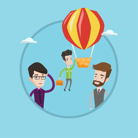 Two employees looking at their successful colleague. Hardworking employee flying away in balloon from less successful colleagues. Vector flat design illustration in the circle isolated on background.のイラスト素材