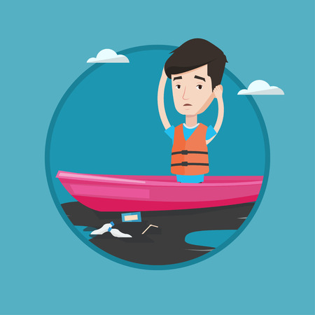 Sanitation worker floating in boat in polluted water. Man clutching head while looking at polluted water. Water pollution concept. Vector flat design illustration in the circle isolated on background.のイラスト素材