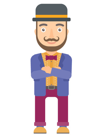 Caucasian circus performer standing with arms crossed. Circus performer with folded arms. Circus performer standing with folded arms. Vector flat design illustration isolated on white background.のイラスト素材
