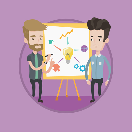 Two caucasian businessmen discussing a project. Businessmen working on project. Businessman drawing business project on a board. Vector flat design illustration in the circle isolated on background.のイラスト素材