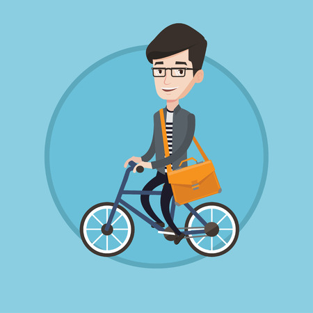 Young man riding a bicycle to work. Cyclist riding a bicycle. Businessman with briefcase on a bicycle. Healthy lifestyle concept. Vector flat design illustration in the circle isolated on background.のイラスト素材