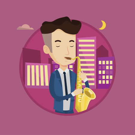 Musician playing on saxophone. Man with his eyes closed playing on saxophone in the night. Man with saxophone in the city street. Vector flat design illustration in the circle isolated on background.のイラスト素材