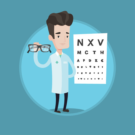 Ophthalmologist giving glasses. Ophthalmologist holding eyeglasses on the background of eye chart. Ophthalmologist offering glasses. Vector flat design illustration in circle isolated on background.のイラスト素材
