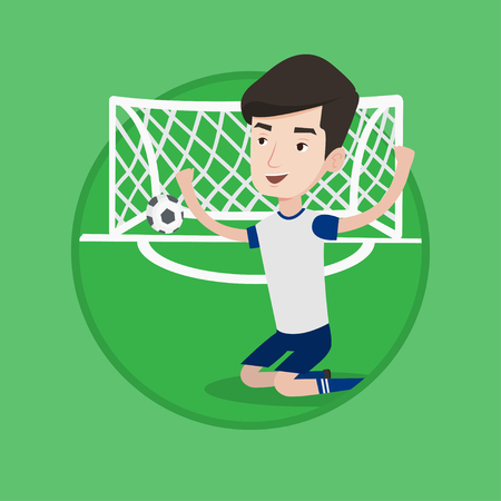 Caucasian football player celebrating scoring goal. Young football player kneeling on the background of football gate with ball. Vector flat design illustration in the circle isolated on background.のイラスト素材