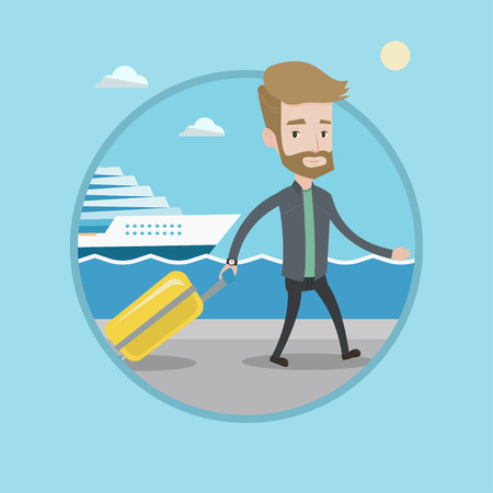Young passenger with suitcase going to cruise liner at the pier station. Hipster man walking on the background of cruise liner. Vector flat design illustration in the circle isolated on background.のイラスト素材