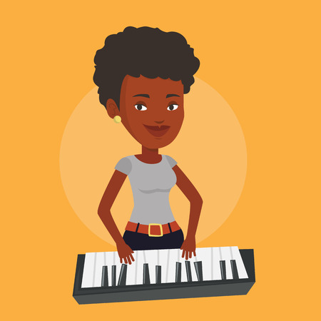 An african-american female pianist playing on synthesizer. Young smiling musician playing piano. Pianist playing upright piano. Vector flat design illustration. Square layout.のイラスト素材