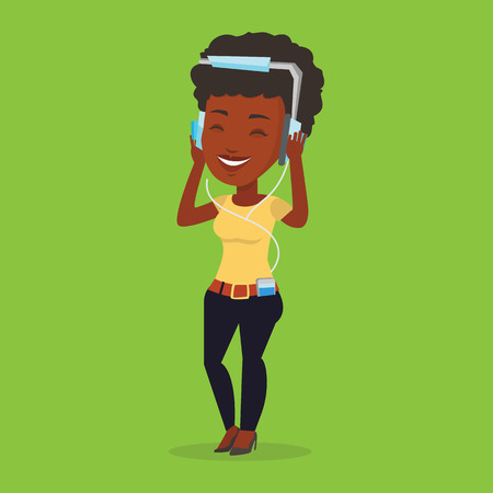 An african-american woman listening to music on her smartphone. Woman in headphones listening to music. Relaxed woman with eyes closed enjoying music. Vector flat design illustration. Square layout.のイラスト素材