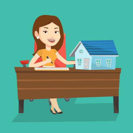 Real estate agent signing contract. Real estate agent sitting at workplace in office with house model on the table. Woman signing home purchase contract. Vector flat design illustration. Square layoutのイラスト素材