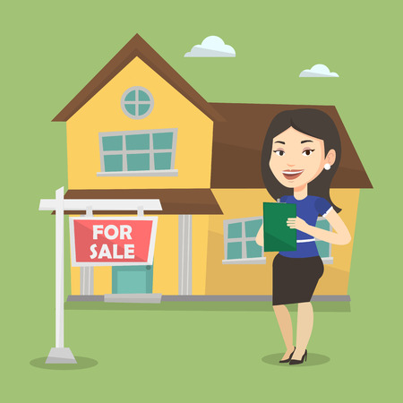 Happy real estate agent signing home purchase contract. Real estate agent standing in front of the house with placard for sale. Realtor selling a house. Vector flat design illustration. Square layout.のイラスト素材