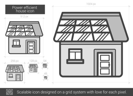 Power efficient house vector line icon isolated on white background. Power efficient house line icon for infographic, website or app. Scalable icon designed on a grid system.のイラスト素材