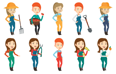 Smiling caucasian farmer collecting corn. Happy female farmer holding a corn cob. Cheerful farmer standing a corn cob in hands. Set of vector flat design illustrations isolated on white background.のイラスト素材