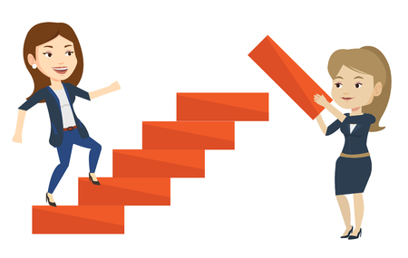 Woman runs up the career ladder while another woman builds this ladder. Businesswoman climbing the career ladder. Business career concept. Vector flat design illustration isolated on white background.のイラスト素材
