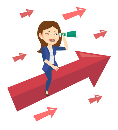Business woman searching for opportunities. Business woman using spyglass for searching of opportunities. Business opportunities concept. Vector flat design illustration isolated on white background.のイラスト素材