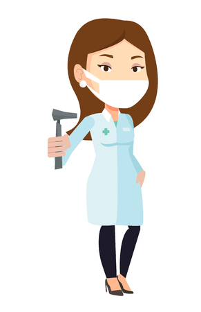 Caucasian ear nose throat doctor holding medical tool. Young doctor in medical gown with tools used for examination of ear, nose, throat. Vector flat design illustration isolated on white background.のイラスト素材