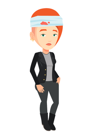 Upset caucasian woman with bandages over her head. Sad injured woman with a bandaged head. Full length of young woman wounded in head. Vector flat design illustration isolated on white background.のイラスト素材