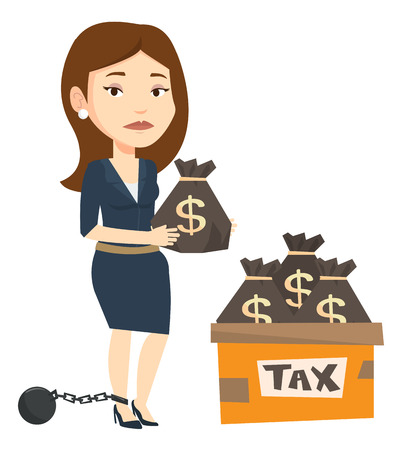 Chained to a ball taxpayer standing near bags with taxes. Upset taxpayer holding bag with dollar sign. Concept of tax time and taxpayer. Vector flat design illustration isolated on white background.のイラスト素材