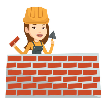 Bricklayer in uniform and helmet. Caucasian bicklayer working with spatula and brick on construction site. Bricklayer building brick wall. Vector flat design illustration isolated on white background.のイラスト素材