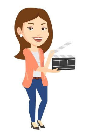 Happy caucasian woman working with a clapperboard. Smiling woman holding an open clapperboard. Woman holding blank movie clapperboard. Vector flat design illustration isolated on white background.のイラスト素材