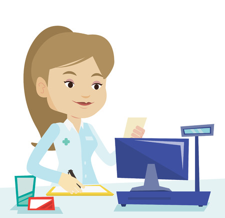 Young pharmacist writing on clipboard and holding prescription. Pharmacist standing at pharmacy counter. Pharmacist reading prescription. Vector flat design illustration isolated on white background.のイラスト素材