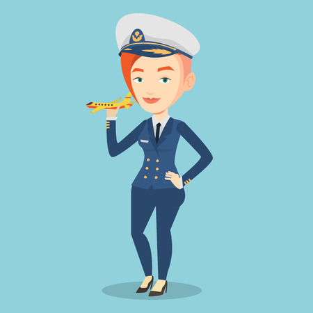 Cheerful airline pilot with model airplane.のイラスト素材