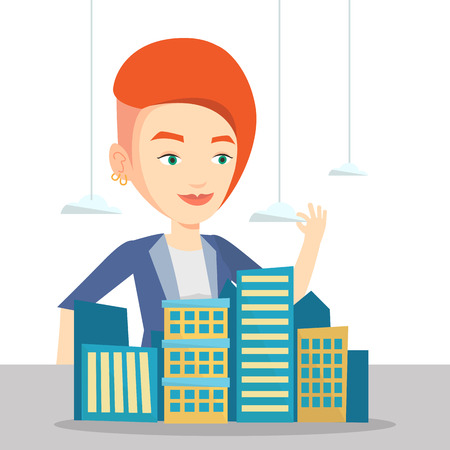 Real estate agent presenting city model.のイラスト素材