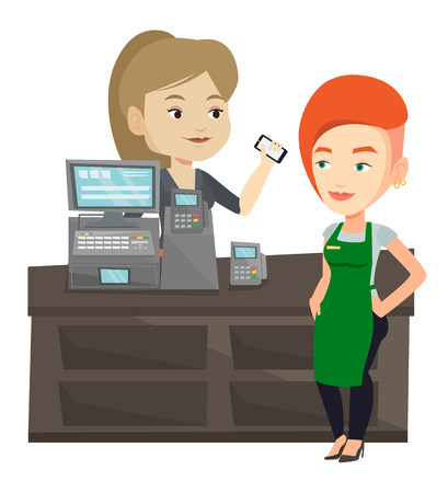 Customer paying wireless with smartphone.のイラスト素材