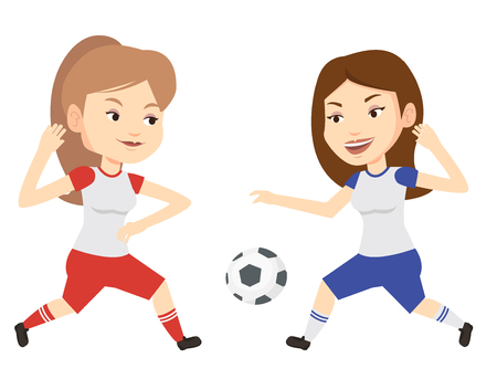 Two female soccer players fighting for ball.のイラスト素材