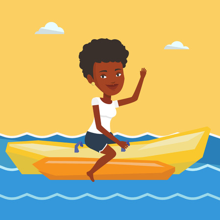 African-american tourists riding a banana boat and waving hand. Young woman having fun on banana boat in the sea. Woman enjoying the ride on banana boat. Vector flat design illustration. Square layoutのイラスト素材