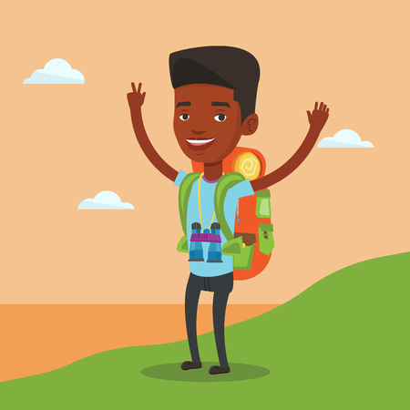 African backpacker with backpack and binoculars standing on the cliff and celebrating success. Happy backpacker with raised hands enjoying the scenery. Vector flat design illustration. Square layout.のイラスト素材