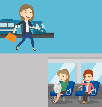 Two transportation banners with space for text. Vector flat design. Horizontal layout. Woman using mobile phone while traveling by public transport. Young woman reading newspaper in public transport.のイラスト素材