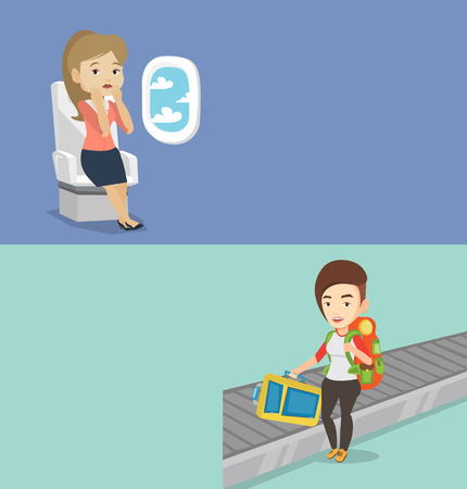 Two transportation banners with space for text. Vector flat design. Horizontal layout. Terrified airplane passenger shocked by plane flight in a turbulent area. Airplane passenger frightened by flightのイラスト素材