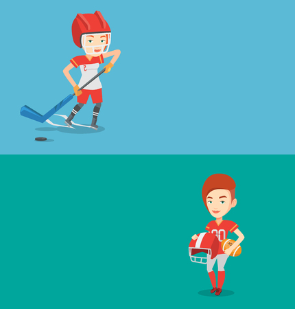 Two sport banners with space for text. Vector flat design. Horizontal layout. Sportswoman playing ice hockey. Ice hockey player in uniform skating on a rink. Ice hockey player with a stick and puck.のイラスト素材