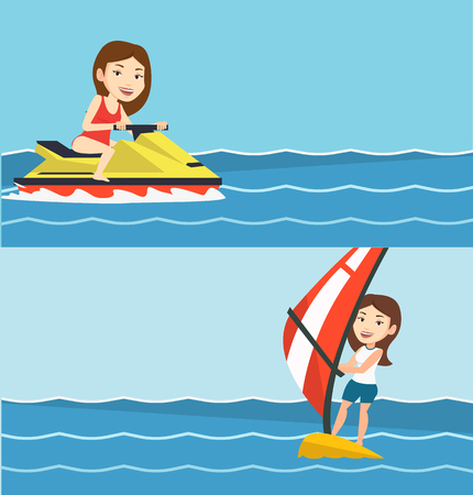 Two sport banners with space for text. Vector flat design. Horizontal layout. Caucasian cheerful woman on water scooter in the sea at summer sunny day. Young smiling woman riding on a water scooter.のイラスト素材